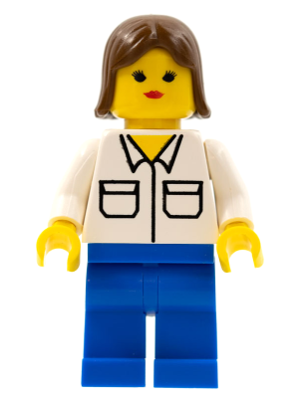 BrickLink - Minifigure twn001 : LEGO Shirt with 2 Pockets, Blue Legs, Brown  Female Hair [Town:Classic Town] - BrickLink Reference Catalog