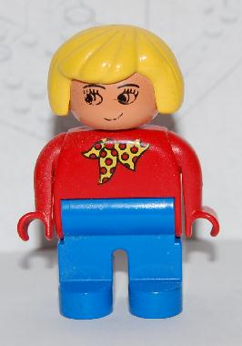 Duplo Figure, Female, Blue Legs, Red Top with Yellow and Red Polka Dot Scarf, Yellow Hair, without Nose