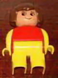 Duplo Figure, Female, Yellow Legs, Red Top with Yellow Arms, Brown Hair