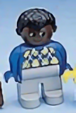 Duplo Figure, Male, Light Gray Legs, Blue Argyle Sweater, Black Hair, Brown Head