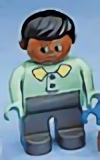 Duplo Figure, Male, Dark Gray Legs, Light Green Top With 2 Buttons And Collar, Black Hair