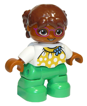 Duplo Figure Lego Ville, Child Girl, Bright Green Legs, White Top with Yellow Pattern and Blue Bow, Brown Hair, Brown Head, Magenta Glasses, Oval Eyes