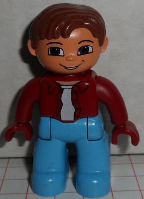 Duplo Figure Lego Ville, Male, Medium Blue Legs, Dark Red Top, Reddish Brown Hair, Blue Eyes, Dark Red Hands