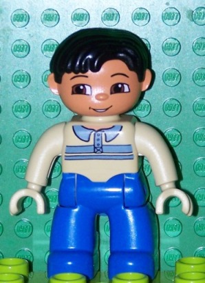 Duplo Figure Lego Ville, Male, Blue Legs, Tan Pullover with Buttons and Stripes, Black Hair, Brown Eyes, Tan Hands