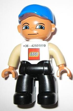 Duplo Figure Lego Ville, Male, Black Legs, White Top, Tan Arms, Blue Baseball Cap, LEGO Logo on Front - Lego Factory Hungary Promotional