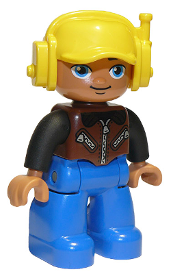 Duplo Figure Lego Ville, Male, Blue Legs, Brown Vest with Zipper and Zippered Pockets, Yellow Cap with Headset, Oval Eyes