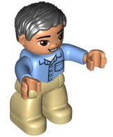 Duplo Figure Lego Ville, Male, Tan Legs, Medium Blue Shirt with Pocket and 4 Buttons, Black Hair, Oval Eyes