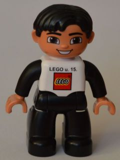 Duplo Figure Lego Ville, Male, Black Legs, White Top, Black Arms, Black Hair, LEGO Logo on Front - Hungarian Lego Factory Employee Gift