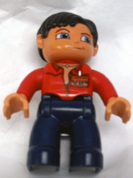 Duplo Figure Lego Ville, Male, Dark Blue Legs, Red Top with Open Collar, Black Hair, VIP Badge, Blue Eyes, Closed Mouth Smile