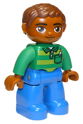 Duplo Figure Lego Ville, Male, Blue Legs, Green Top with Pen, Reddish Brown Hair, Oval Eyes
