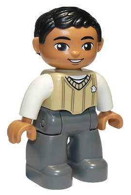 Duplo Figure Lego Ville, Male, Dark Bluish Gray Legs, Tan Sweater, White Arms, Black Hair, Brown Oval Eyes