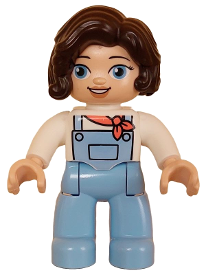 Duplo Figure Lego Ville, Female, Bright Light Blue Legs with Overalls, White Top, Dark Brown Hair