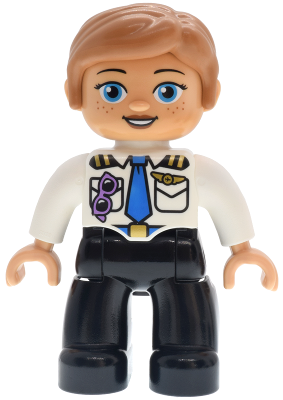 47394pb374: Duplo Figure Lego Ville, Female, Black Legs, White Pilot Uniform, Blue Tie, Medium Lavender Glasses, Gold Wings Badge Pattern, Medium Nougat Hair (6559786) <h1><a href='/minifigs/47394pb374/duplo-figure-lego-ville-female-black-legs-white-pilot-uniform-blue-tie-medium-lavender-glasses-gold-wings-badge-pattern-medium-nougat-hair-(6559786)'>Duplo Figure Lego Ville, Female, Black Legs, White Pilot Uniform, Blue Tie, Medium Lavender Glasses, Gold Wings Badge Pattern, Medium Nougat Hair (6559786)</a></h1><div class='tags floatleft'><a href='/minifigs/47394pb374'>47394pb374</a> <a href='/minifigs/category-DUPLO'>DUPLO</a> <a href='/minifigs/category-DUPLO/subcategory-DUPLO-Town-Airport'>DUPLO, Town / Airport</a> <a href='/minifigs/category-DUPLO/year-2025'>2025</a></div> <div class='floatright'>Image © BrickLink.com</div>