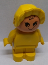 Duplo Figure, Child Type 1 Baby, Yellow Legs, Yellow Body, Yellow Bonnet, 3 Lines Eyebrows and Outlined Hair
