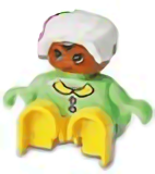 Duplo Figure, Child Type 2 Baby, Yellow Legs, Light Green Top with Buttons and Collar, White Bonnet