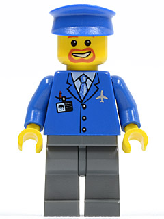 Airport - Blue 3 Button Jacket & Tie, Blue Hat, Dark Bluish Gray Legs