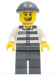 Police - Jail Prisoner 50380 Prison Stripes, Dark Bluish Gray Legs, Dark Bluish Gray Knit Cap, Missing Tooth