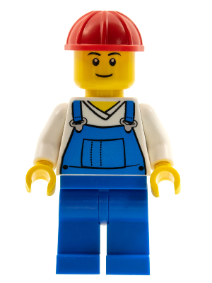 Overalls Blue over V-Neck Shirt, Blue Legs, Red Construction Helmet