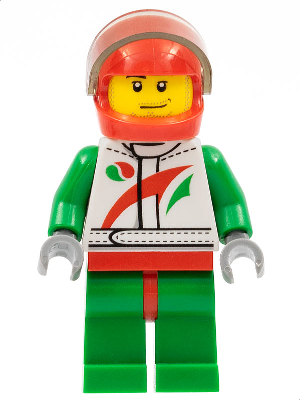 Race Car Driver, White Race Suit with Octan Logo, Red Helmet with Trans-Brown Visor, Smirk and Stubble Beard