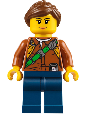 Lego City Jungle Explorer Female - Dark Orange Shirt with Green Strap, Dark Blue Legs, Reddish Brown Ponytail and Swept Sideways Fringe