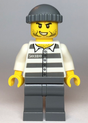 Lego Police - Jail Prisoner 50380 Prison Stripes, Stubble, Dark Bluish Gray Knit Cap