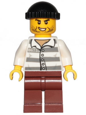 Lego Police - Jail Prisoner 86753 Prison Stripes, Black Knit Cap, Reddish Brown Legs, Beard Stubble and Lopsided Grin