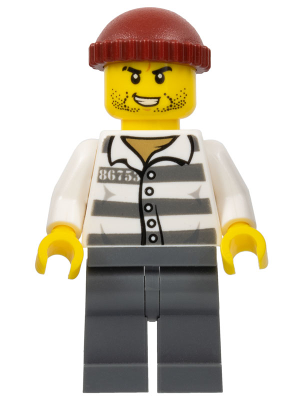 Lego Police - Jail Prisoner 86753 Prison Stripes, Dark Red Knit Cap, Scar, and Stubble