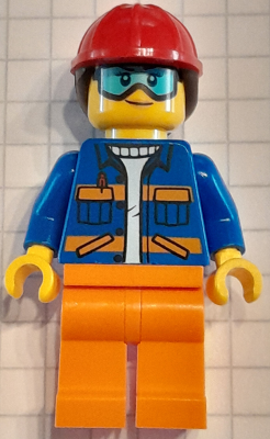 Construction Worker - Female, Blue Open Jacket with Pockets and Orange Stripes, Orange Legs, Red Construction Helmet with Dark Brown Hair, Goggles