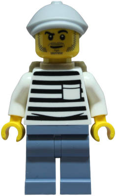 cty1901: Police - City Jail Prisoner Male, White Shirt with Pocket and Black Stripes, Sand Blue Legs, Light Bluish Gray Flat Cap, Dark Tan Backpack <h1><a href='/minifigs/cty1901/police-city-jail-prisoner-male-white-shirt-with-pocket-and-black-stripes-sand-blue-legs-light-bluish-gray-flat-cap-dark-tan-backpack'>Police - City Jail Prisoner Male, White Shirt with Pocket and Black Stripes, Sand Blue Legs, Light Bluish Gray Flat Cap, Dark Tan Backpack</a></h1><div class='tags floatleft'><a href='/minifigs/cty1901'>cty1901</a> <a href='/minifigs/category-Town'>Town</a> <a href='/minifigs/category-Town/subcategory-City-Police'>City / Police</a> <a href='/minifigs/category-Town/year-2025'>2025</a></div> <div class='floatright'>Image © BrickLink.com</div>