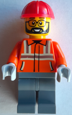 cty1936: Construction Worker - Male, Reddish Orange Safety Jacket with Reflective Stripes, Dark Bluish Gray Legs, Red Construction Helmet, Beard <h1><a href='/minifigs/cty1936/construction-worker-male-reddish-orange-safety-jacket-with-reflective-stripes-dark-bluish-gray-legs-red-construction-helmet-beard'>Construction Worker - Male, Reddish Orange Safety Jacket with Reflective Stripes, Dark Bluish Gray Legs, Red Construction Helmet, Beard</a></h1><div class='tags floatleft'><a href='/minifigs/cty1936'>cty1936</a> <a href='/minifigs/category-Town'>Town</a> <a href='/minifigs/category-Town/subcategory-City-Construction'>City / Construction</a> <a href='/minifigs/category-Town/year-2025'>2025</a></div> <div class='floatright'>Image © BrickLink.com</div>