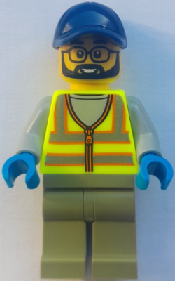 LEGO Street Sweeper - Male, Neon Yellow Safety Vest with Reflective Stripes, Olive Green Legs, Dark Blue Cap Minifigure cty2004