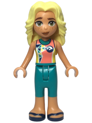 frnd0647: Friends Dia - Coral and Yellow Wetsuit with Dolphin / Whale Logo and Triangles, Dark Turquoise Trousers, Dark Blue Sandals <h1><a href='/minifigs/frnd0647/friends-dia-coral-and-yellow-wetsuit-with-dolphin-whale-logo-and-triangles-dark-turquoise-trousers-dark-blue-sandals'>Friends Dia - Coral and Yellow Wetsuit with Dolphin / Whale Logo and Triangles, Dark Turquoise Trousers, Dark Blue Sandals</a></h1><div class='tags floatleft'><a href='/minifigs/frnd0647'>frnd0647</a> <a href='/minifigs/category-Friends'>Friends</a> <a href='/minifigs/category-Friends/subcategory-General'>General</a> <a href='/minifigs/category-Friends/year-2023'>2023</a></div> <div class='floatright'>Image © BrickLink.com</div>
