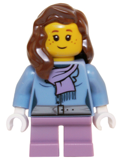 Medium Blue Jacket with Light Purple Scarf, Medium Lavender Short Legs, Reddish Brown Female Hair over Shoulder