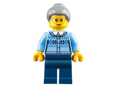 Grandmother - Fair Isle Sweater, Light Bluish Gray Hair with Top Knot Bun, Dark Blue Legs, Glasses
