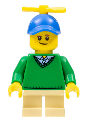 Boy - Freckles, Green Sweater, Tan Short Legs, Blue Cap with Tiny Yellow Propeller