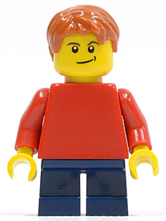 Plain Red Torso with Red Arms, Dark Blue Short Legs, Lopsided Smile (Child)
