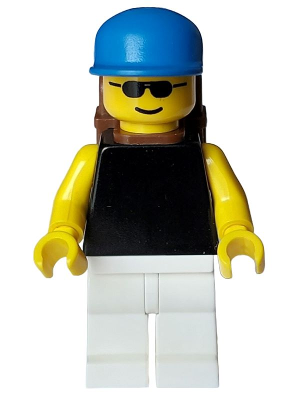 Plain Black Torso with Yellow Arms and Hands, White Legs, Sunglasses, Blue Cap, Brown Backpack