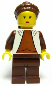 Princess Leia (Cloud City): LEGO Princess Leia minifigure in her Bespin outfit, with a printed yellow dress and a worried expression.