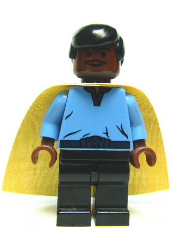 Lando Calrissian, Cloud City Outfit (Smooth Hair): LEGO minifigure of Lando Calrissian in his Cloud City attire, featuring smooth hair and a cape.