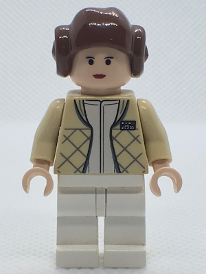 Princess Leia - Hoth Outfit, Smooth Hair with Buns: LEGO minifigure of Princess Leia in her Hoth outfit, with a warm clothing detail and her signature hair buns.