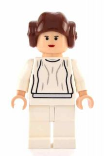 Princess Leia - Light Nougat, White Dress, Small Eyes, Smooth Hair: LEGO minifigure of Princess Leia in her ceremonial white dress and hair buns.
