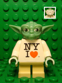 Yoda - NY I Heart Torso, White Hair (TRU Times Square 2013 Exclusive): LEGO minifigure of Yoda with a unique "I Heart NY" torso print and white hair, exclusive to the Times Square Toys "R" Us event in 2013.
