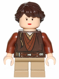 Female Padawan - Small Eyes: LEGO minifigure of a female Padawan with brown robes, small eyes, and a braid detail.