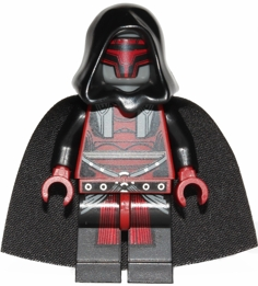 Darth Revan: LEGO minifigure of Darth Revan in a black and red Sith robe with a hood and mask.