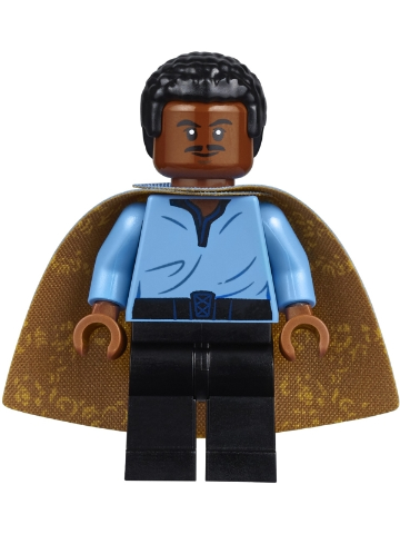 Lando Calrissian, Cloud City Outfit (Coiled Texture Hair): LEGO minifigure of Lando in his Cloud City outfit with a smooth cape and coiled hair texture.