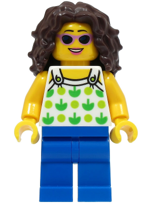 Beach Tourist - Female, White Top with Green Apples and Lime Dots, Blue Legs, Dark Brown Hair