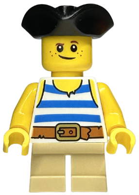 Child - Pirate Costume, White Tank Top with Blue Stripes, Tan Short Legs, Black Tricorne Hat