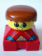 Minifig No: 2327pb08  Name: Duplo 2 x 2 x 2 Figure Brick, Red Base with Blue Argyle Sweater Pattern, Yellow Head with Freckles on Nose, Dark Orange Male Hair