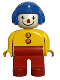 Minifig No: 4555pb001  Name: Duplo Figure, Male Clown, Red Legs, Yellow Top with 2 Buttons, Yellow Arms, Blue Aviator Helmet