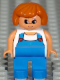 Minifig No: 4555pb006  Name: Duplo Figure, Female, Blue Legs, White Top with Blue Overalls with Red Hearts